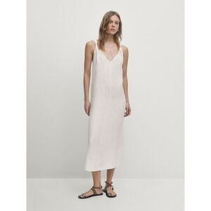 Massimo Dutti Womens Midi Dress M White Linen With Strap Details 6609/609 NWT